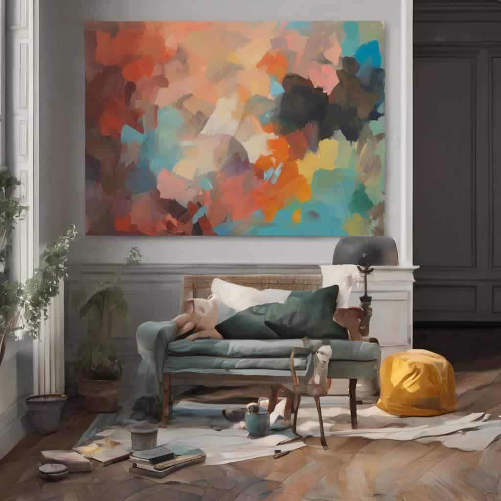 Λειτουργική και σύγχρονη τέχνη σε άνετο χώρο με μεγάλο αφηρημένο έργο ζωγραφικής, δημιουργοί έργων τέχνης, μοντέρνο art, διακόσμηση κατοικίας, ακατέργαστη τέχνη, δημιουργικότητα.