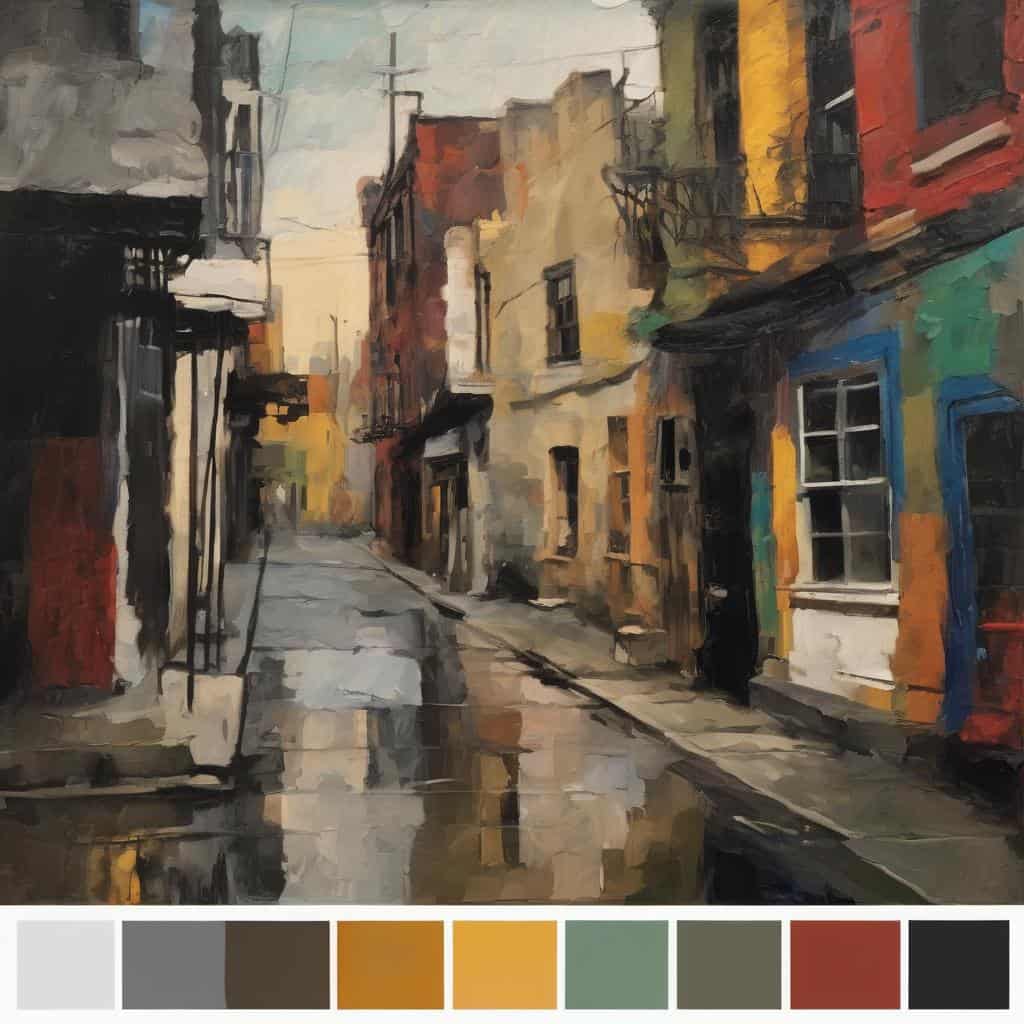 Ρεαλιστική ζωγραφιά αστικής γειτονιάς με πολύχρωμα κτίρια, μοναδικά έργα τέχνης, δημιουργοί, σύγχρονη τέχνη, καλλιτέχνες, ζωγραφική, τέχνη, εικαστικά, ιδιαίτερα έργα, urban art, καλλιτεχνικές δημιουργίες, μοντέρνα τέχνη.